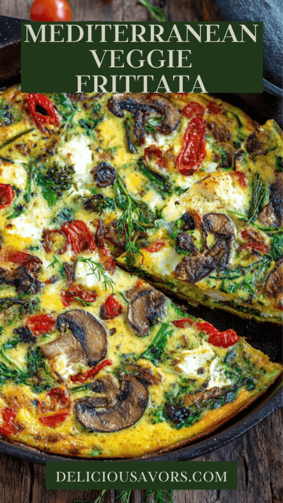 Golden Mediterranean vegetable frittata in cast iron skillet with roasted bell peppers, zucchini, broccoli, and feta cheese garnished with fresh parsley