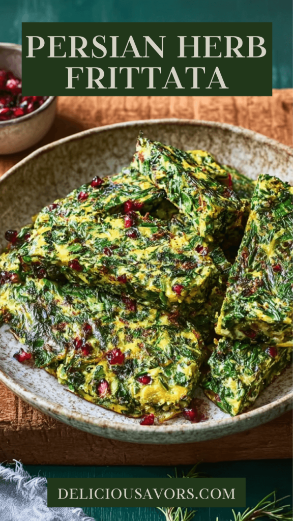 Persian herb frittata (Kuku Sabzi) cut into squares on white plate, vibrant green with red barberries, overhead food photography