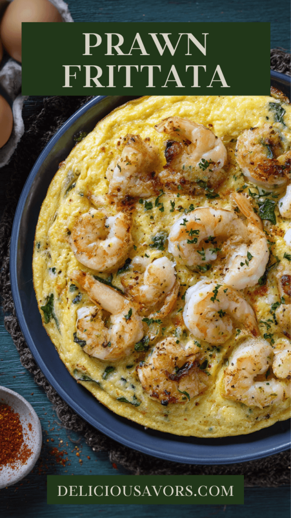 Golden prawn frittata in cast iron skillet with visible shrimp pieces and fresh parsley garnish on rustic wooden table
