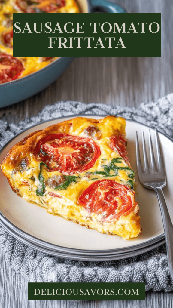 Slice of sausage tomato frittata on white plate showing fluffy egg texture with sausage chunks and tomato pieces