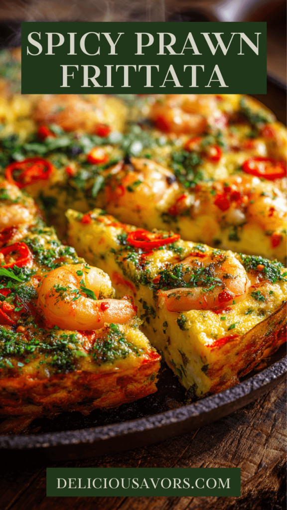 Sliced spicy prawn frittata with prawns, chili, red peppers and pesto on plate—quick keto frittata recipe image.