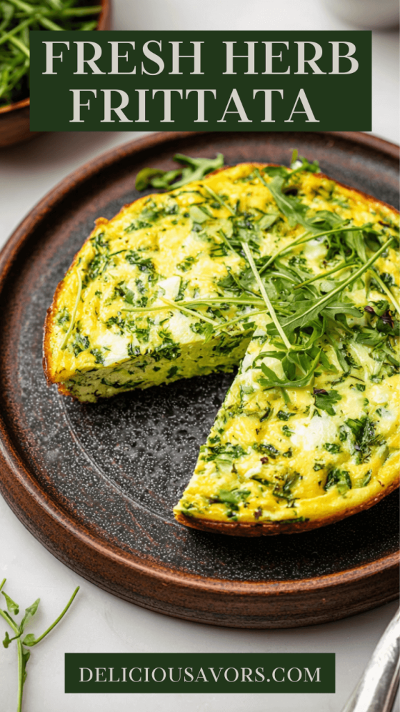 Golden herb frittata with arugula and melted parmesan cheese on white plate, garnished with microgreens, showing fluffy egg texture with visible fresh herbs