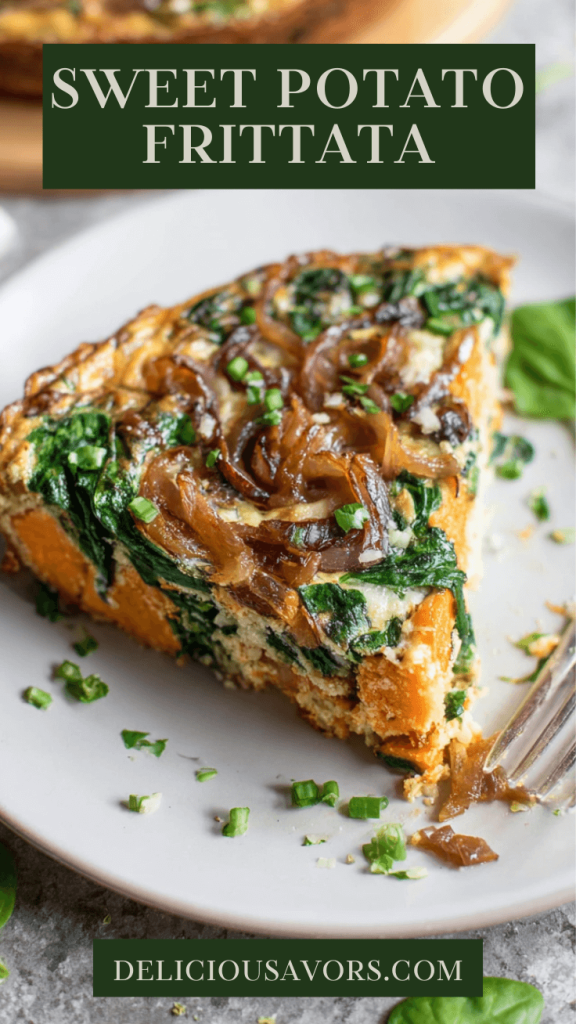 Golden sweet potato frittata with caramelized onions in ceramic dish, one slice removed showing layered egg filling and orange sweet potato crust