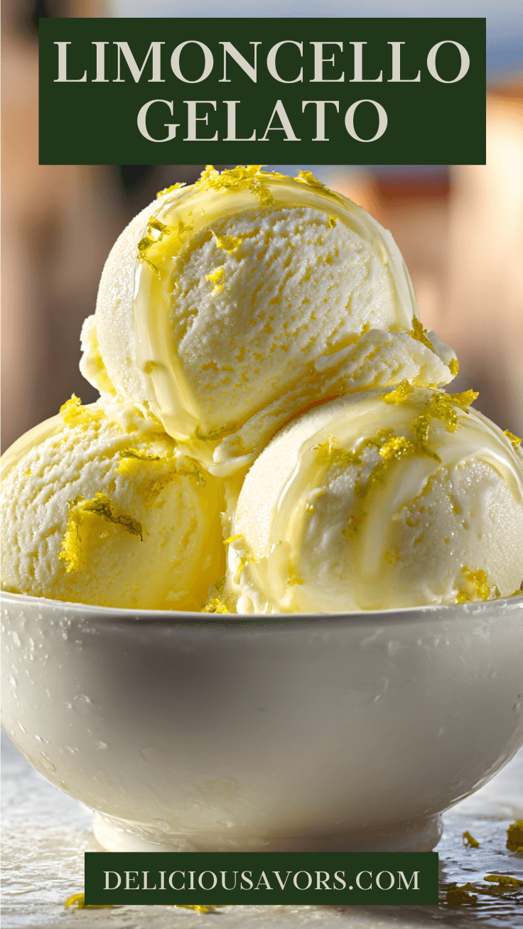 Authentic Italian limoncello gelato with three scoops of yellow lemon gelato drizzled with golden limoncello liqueur and garnished with fresh lemon zest in a white ceramic bowl