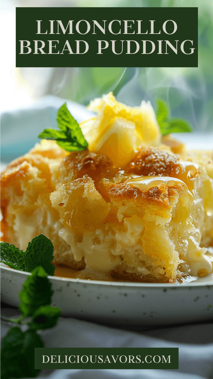 Golden limoncello bread pudding slice on white plate with glossy lemon syrup drizzle and fresh mint garnish