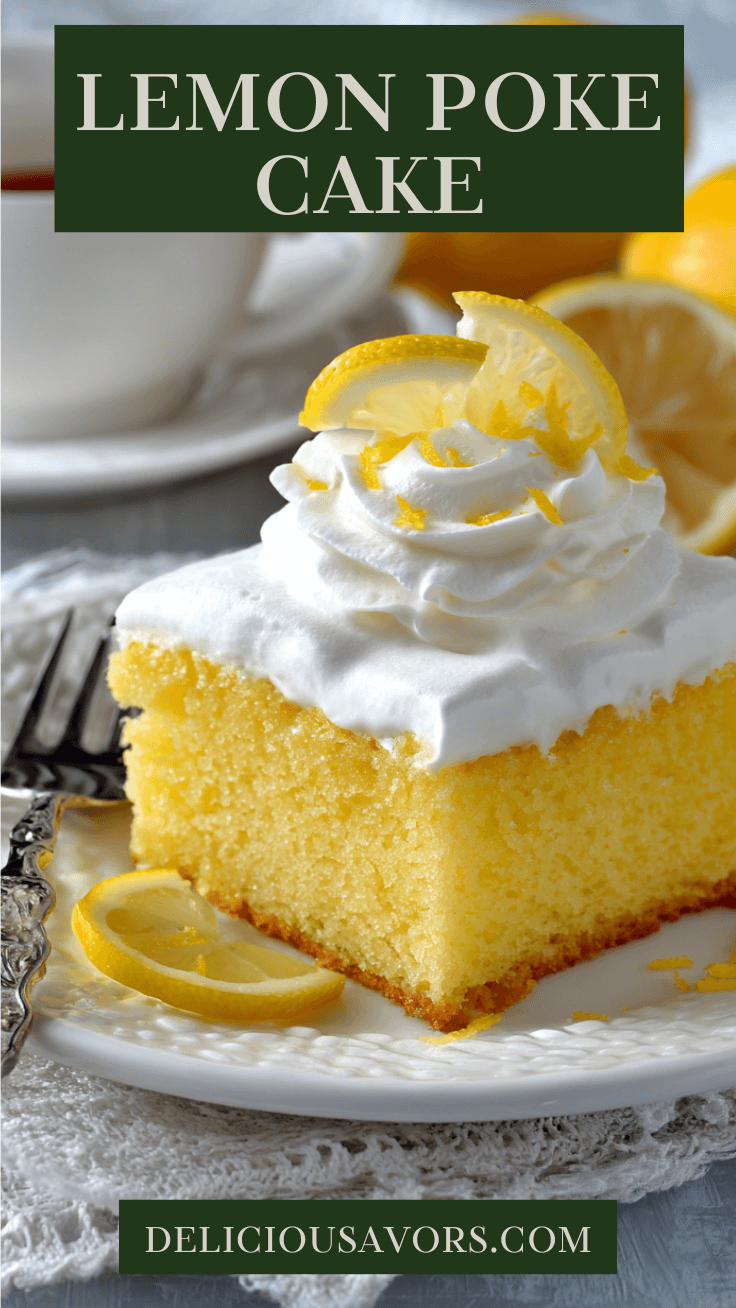 Moist lemon poke cake with glossy glaze in rectangular baking pan, showing bright yellow interior and textured glazed top, surrounded by fresh lemons on wooden table