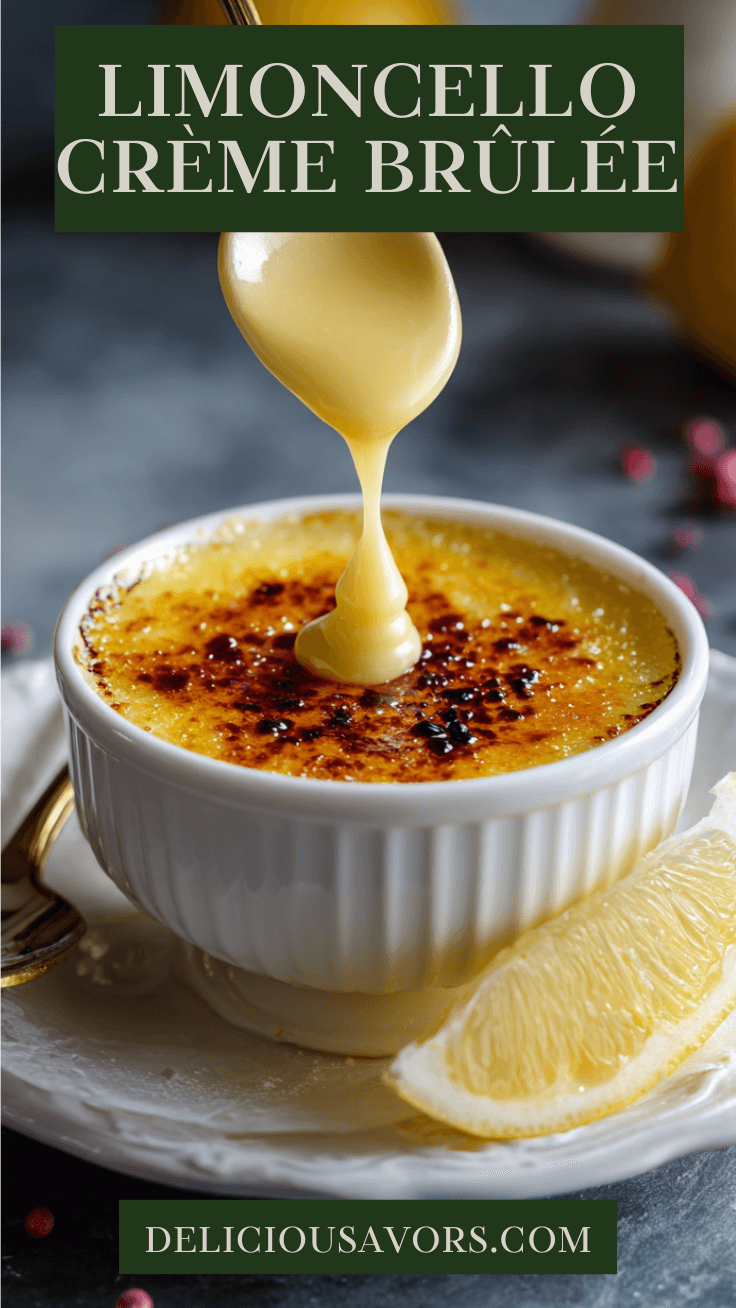 Limoncello Crème Brûlée in ceramic ramekins with golden caramelized sugar tops, one ramekin showing creamy custard with spoon, garnished with fresh lemon slices and mint on marble surface