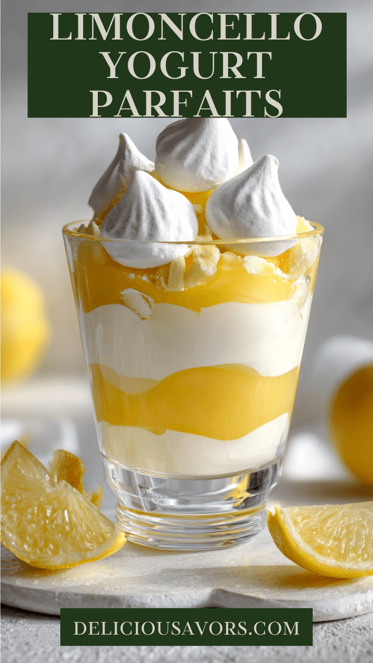 Elegant Limoncello Yogurt Parfait in clear glass showing layered Greek yogurt and lemon curd mixture topped with mini vanilla meringue cookies on marble surface
