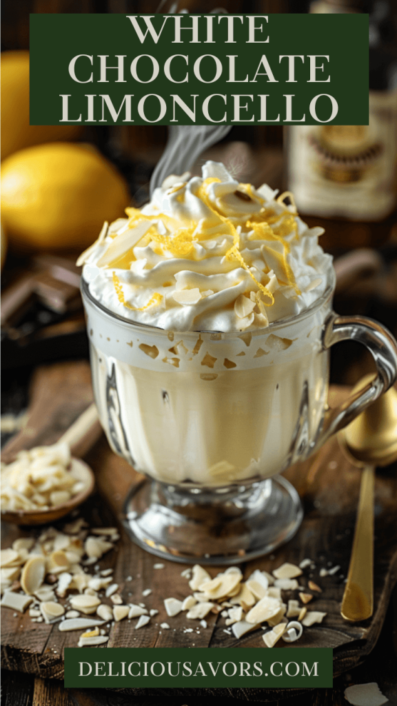 White chocolate limoncello cocktail in a glass mug topped with whipped cream, slivered almonds, and fresh lemon zest on a wooden board with lemons in the background