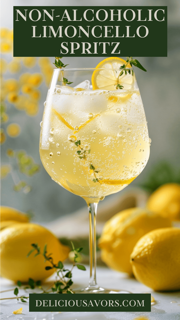 Non-alcoholic limoncello spritz mocktail in a wine glass with ice, lemon slice, and thyme garnish on marble countertop with fresh lemons
