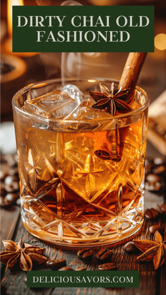 Dirty Chai Old Fashioned cocktail in crystal glass with cinnamon stick garnish and ice cubes on rustic wooden bar surface