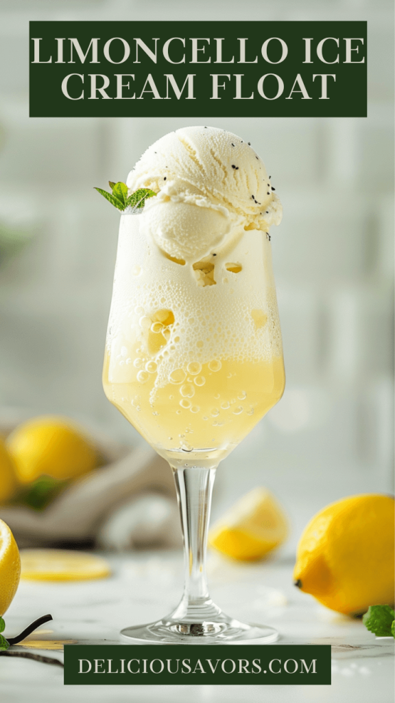 Limoncello ice cream float in tall glass with champagne bubbles and vanilla ice cream scoop on marble countertop with fresh lemons