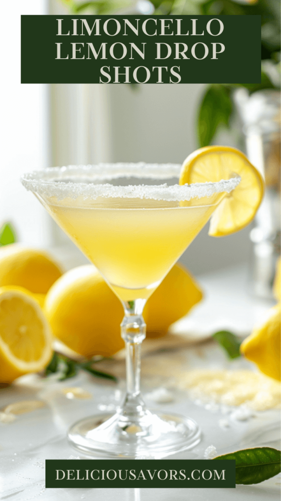 Limoncello lemon drop shot in sugar-rimmed martini glass with fresh lemon garnish on marble counter