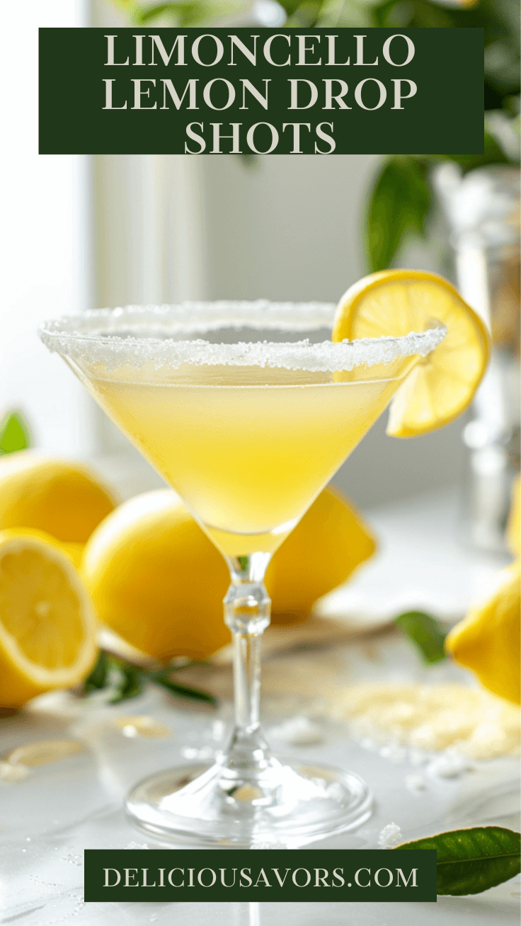 Limoncello lemon drop shot in sugar-rimmed martini glass with fresh lemon garnish on marble counter