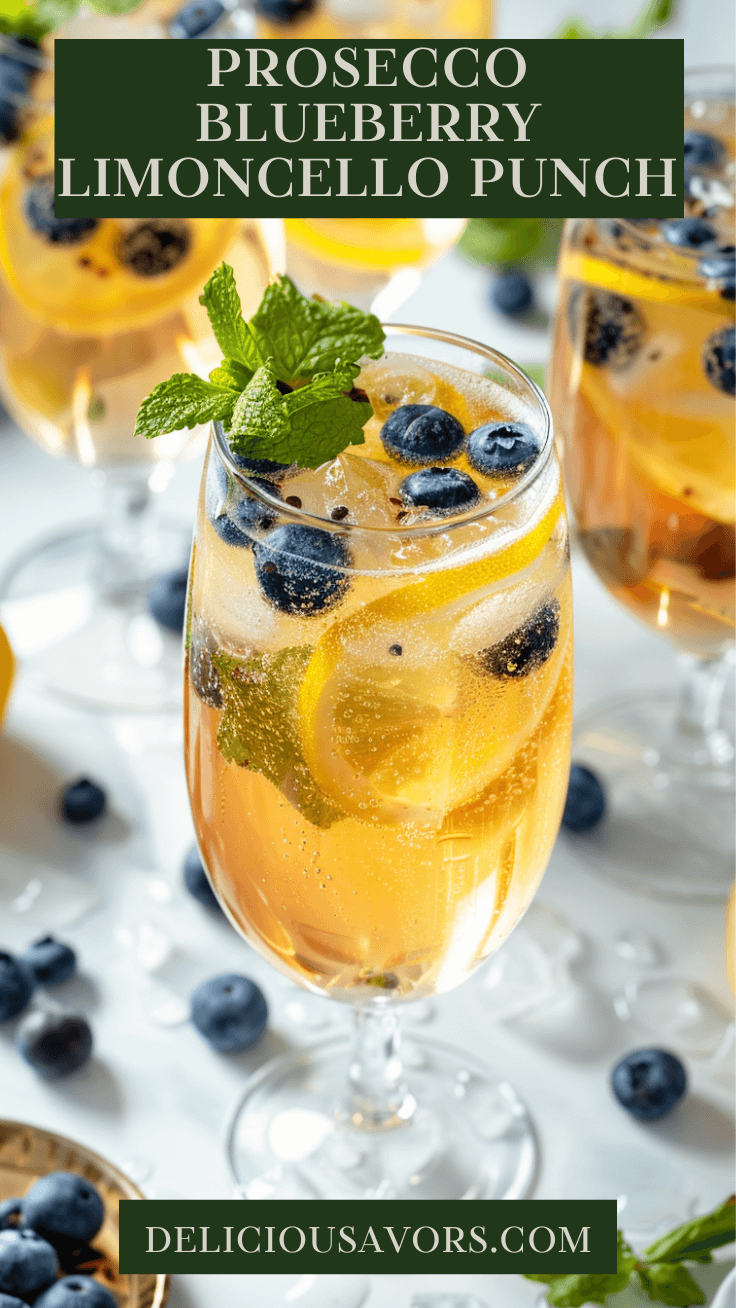 Sparkling Prosecco Blueberry Limoncello Punch in a glass pitcher with fresh blueberries, mint, and lemon garnish on white marble counter