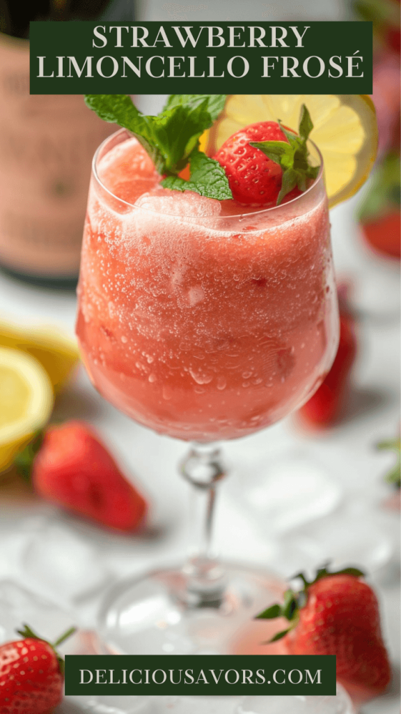 Strawberry Limoncello Frosé in a wine glass showing pink frozen slushy texture with fresh strawberry garnish and mint on marble surface