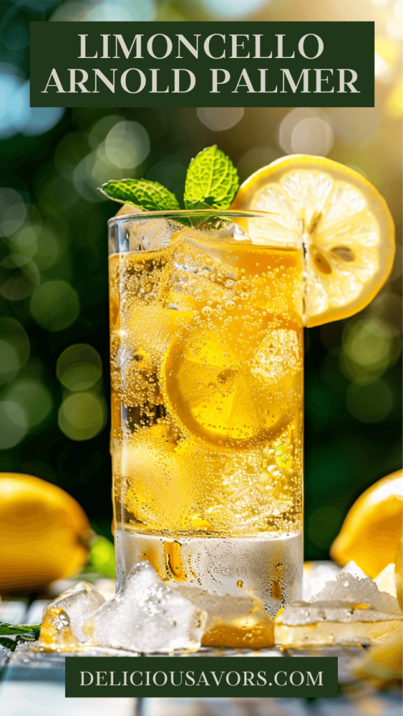 Sparkling Limoncello Arnold Palmer cocktail in a tall glass with citrus ice cubes, lemon wheel garnish, and mint, photographed on a rustic table with natural sunlight
