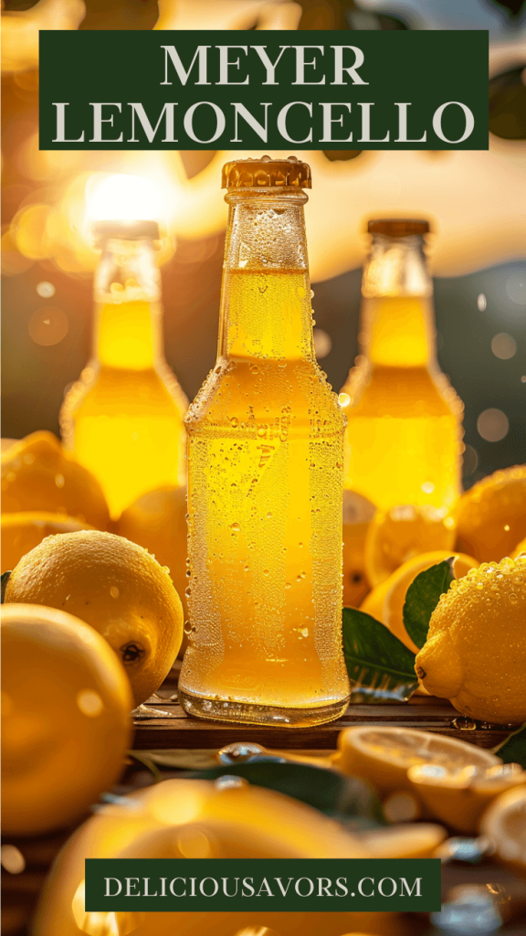 Golden homemade Meyer Lemon Limoncello in frosty glass bottles with fresh lemon peels, perfect for cocktails and desserts. SEO-optimized for limoncello recipes.