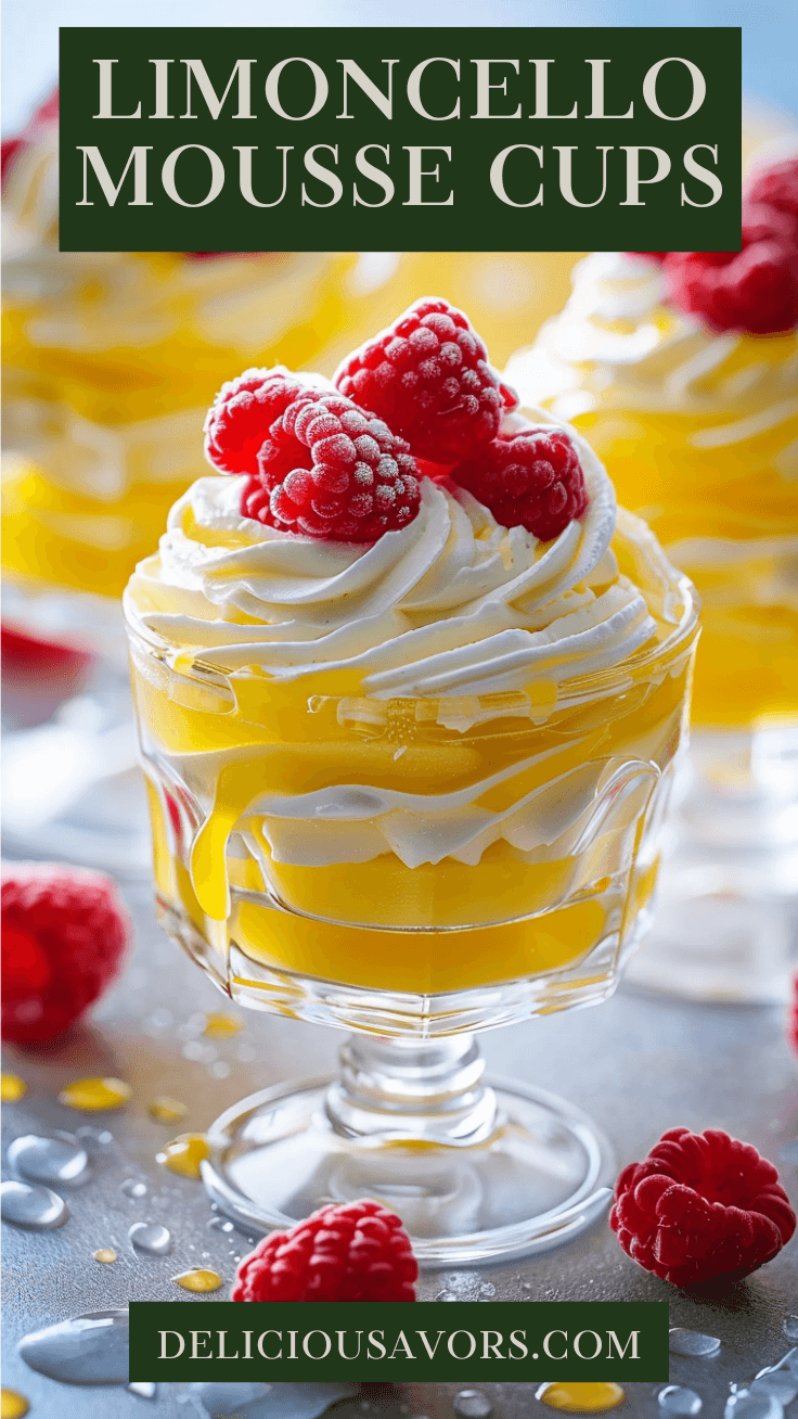 Close-up of Limoncello Mousse Cups layered with whipped cream, lemon curd, shortbread crumble and fresh raspberries in clear glasses