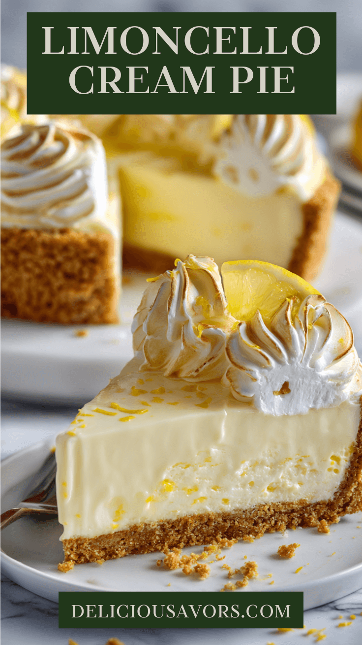 Quick frozen pie blending limoncello liqueur with ice cream and swirled white chocolate topping for refreshing lemon dessert.