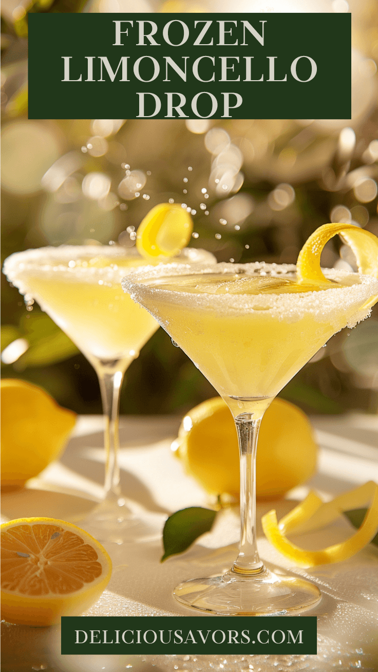 Two sugar-rimmed martini glasses of Frozen Limoncello Drop cocktail with lemon peel garnish against sunny lemon grove background