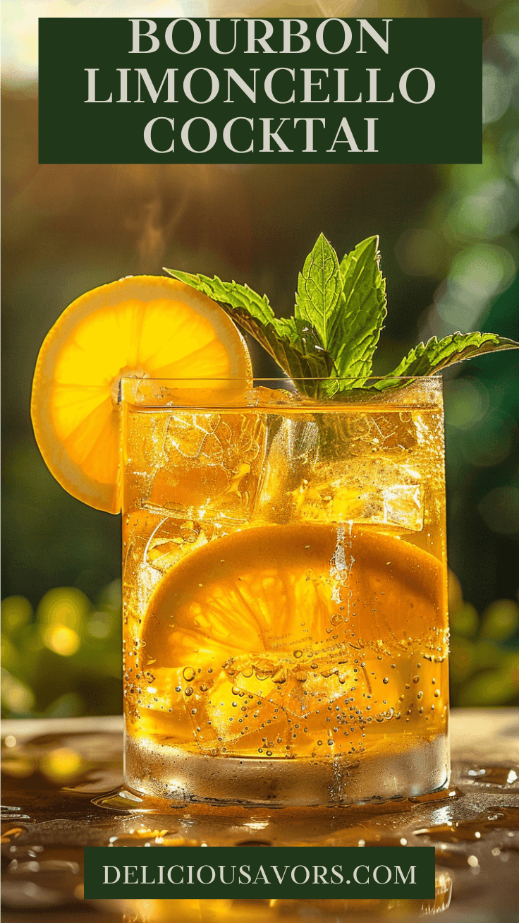 Golden Bourbon Limoncello Cocktail in rocks glass with ice, lemon wheel garnish, mint sprig, condensation droplets, summer porch setting