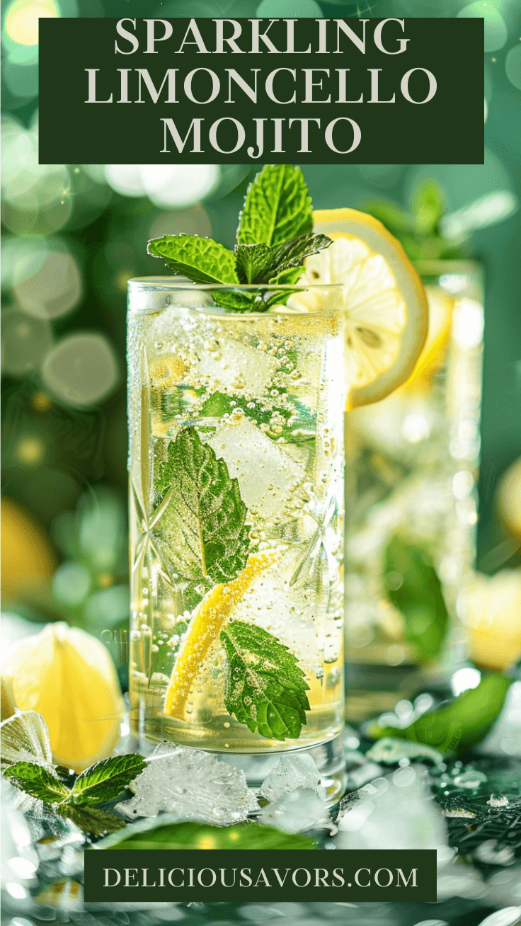 Two sparkling limoncello mojitos in tall glasses with mint garnish and lemon slices on ice, perfect homemade lemon cocktail for summer.