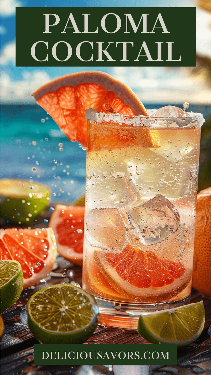 Vibrant Paloma cocktail with salt rim, fresh grapefruit garnish, ice, and bubbles in highball glass on wooden surface—perfect refreshing tequila drink.