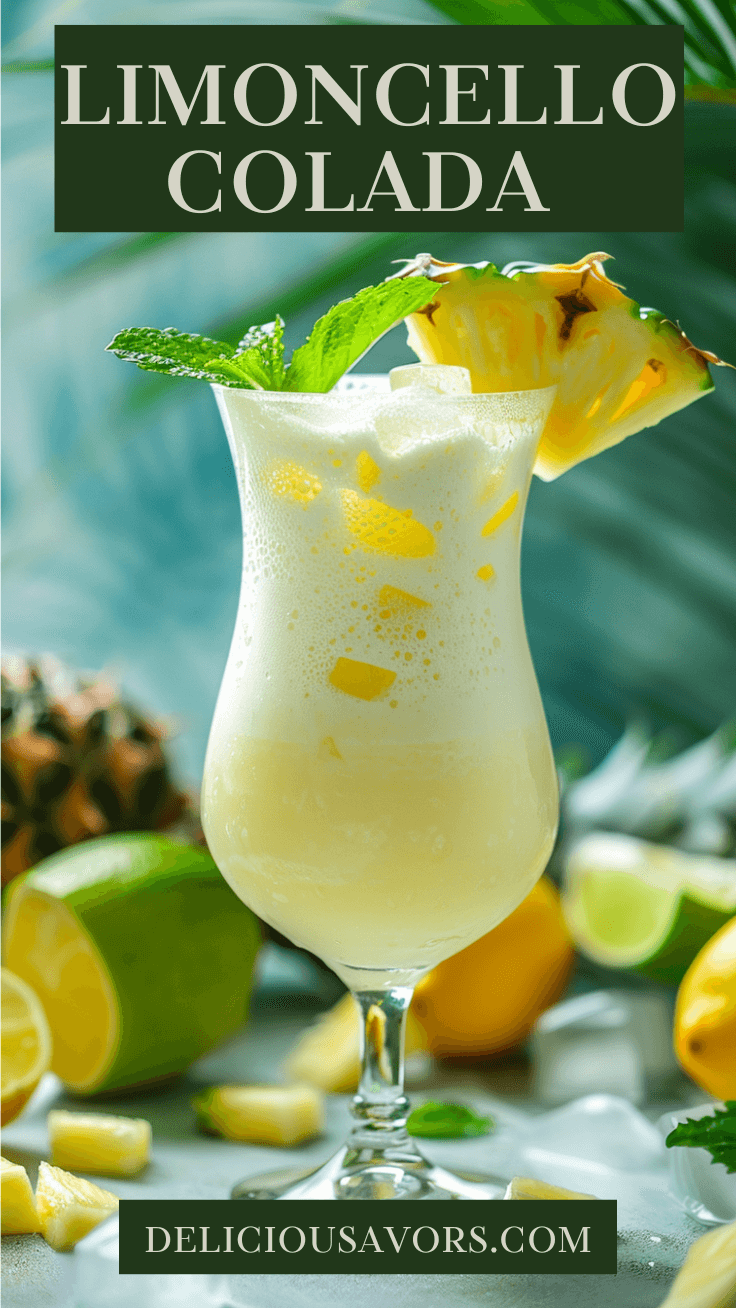 Creamy Limoncello Colada cocktail in a hurricane glass garnished with lime and pineapple wedge on a white wooden table with tropical beach background