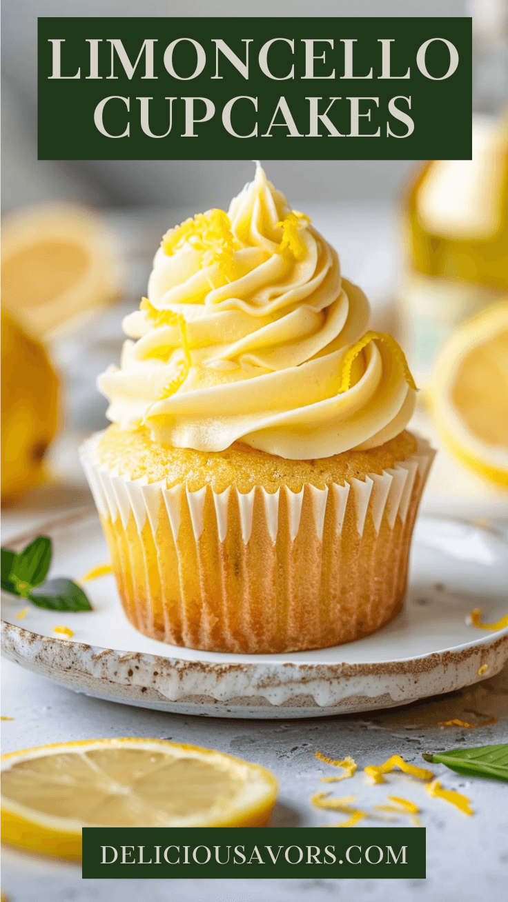 Limoncello cupcake with swirled lemon buttercream frosting, lemon zest garnish, and orange marmalade filling on white plate with fresh lemons