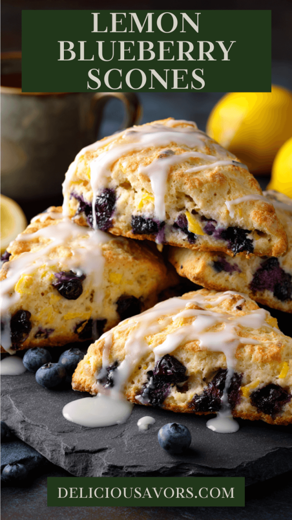 Golden-brown glazed lemon blueberry scones with white lemon icing drizzled on top, fresh blueberries visible throughout, arranged on white plate with lemon slices