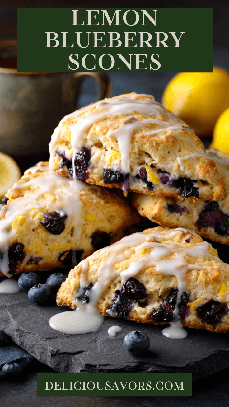 Golden-brown glazed lemon blueberry scones with white lemon icing drizzled on top, fresh blueberries visible throughout, arranged on white plate with lemon slices