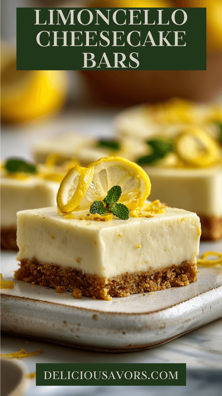 Creamy limoncello cheesecake bars with golden biscotti crust on white platter garnished with fresh lemon slices