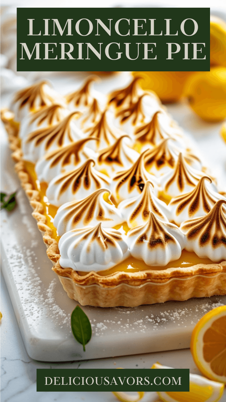 Golden limoncello meringue pie with torched Italian meringue peaks on white marble surface with fresh lemon garnish