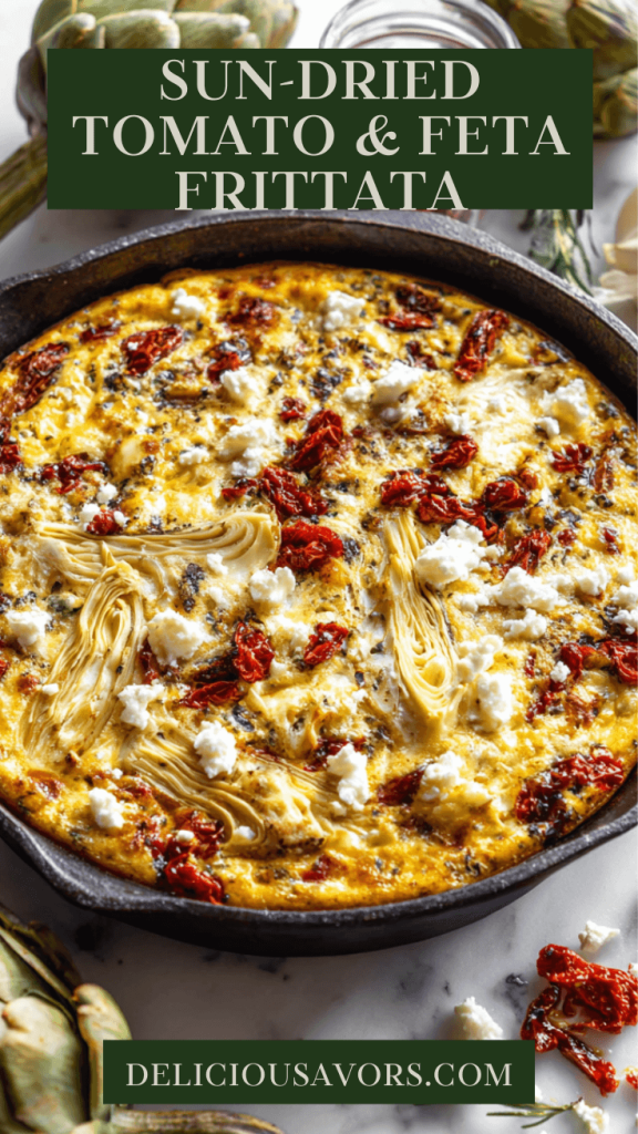 Mediterranean frittata with sun-dried tomatoes, artichokes and feta cheese sliced on white plate