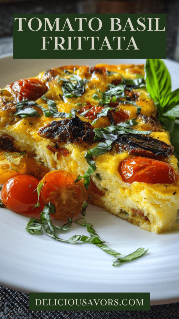 Golden tomato basil frittata in a cast iron skillet topped with fresh basil leaves and melted mozzarella cheese, served on a rustic wooden table