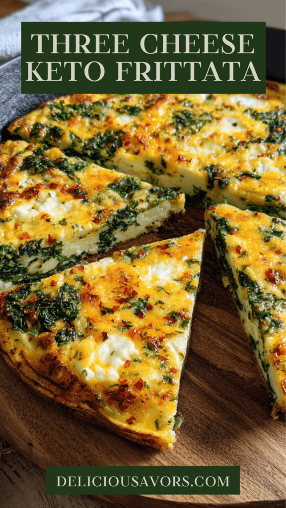 Golden three cheese keto frittata with bacon in cast iron skillet, featuring melted cheddar, ricotta, and feta with crispy bacon bits and fresh spinach, overhead view on rustic wooden table