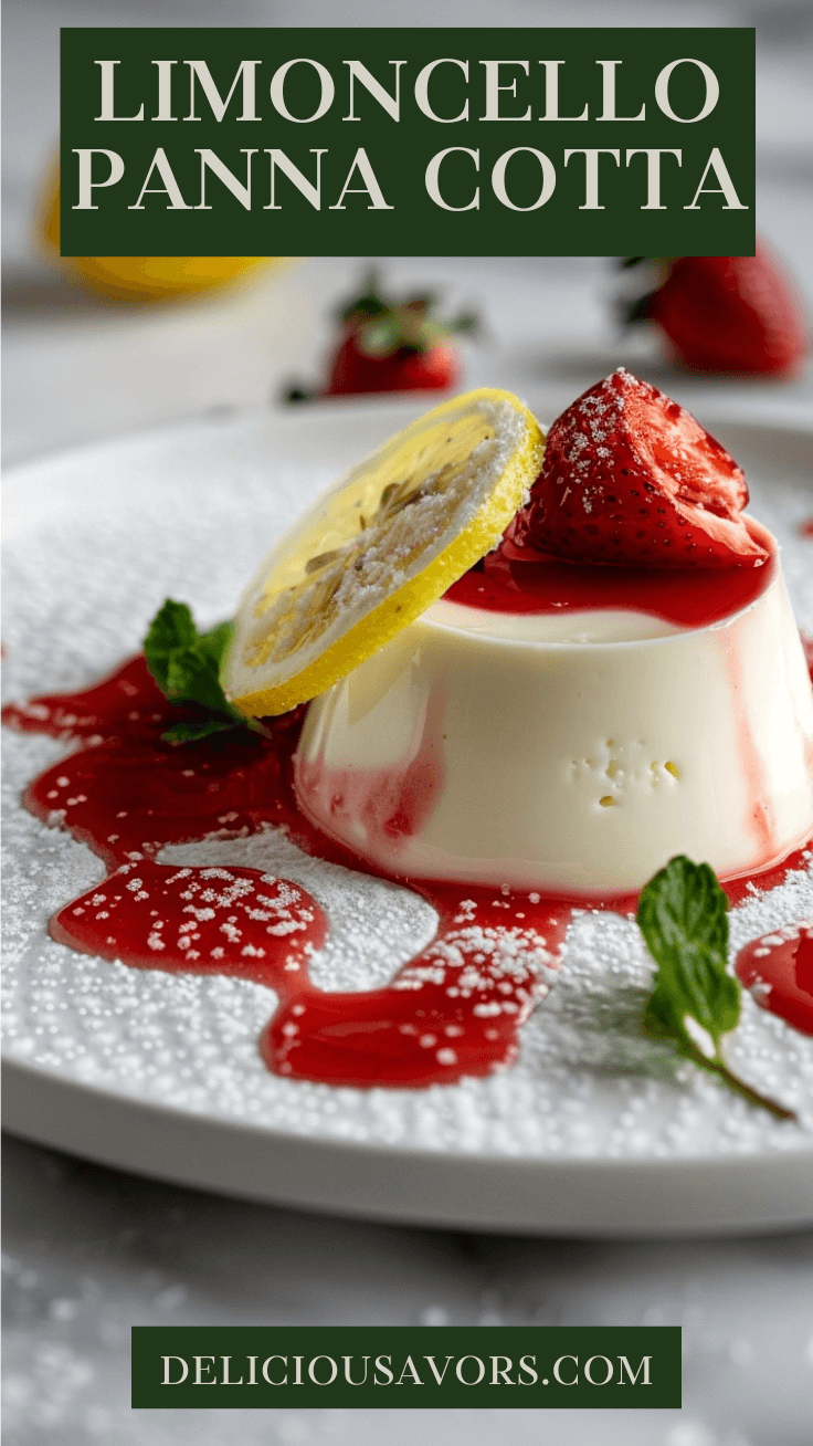 Elegant Limoncello Panna Cotta on white plate with glossy strawberry sauce and powdered sugar lemon garnish, perfect Italian dessert for dinner parties