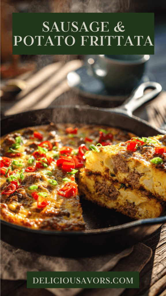 Overhead view of golden sausage potato frittata in cast iron skillet with fresh tomatoes and green onions