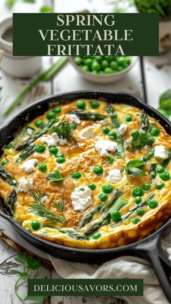 Golden spring vegetable frittata with asparagus, peas, spinach, and melted goat cheese in cast iron skillet with fresh herbs