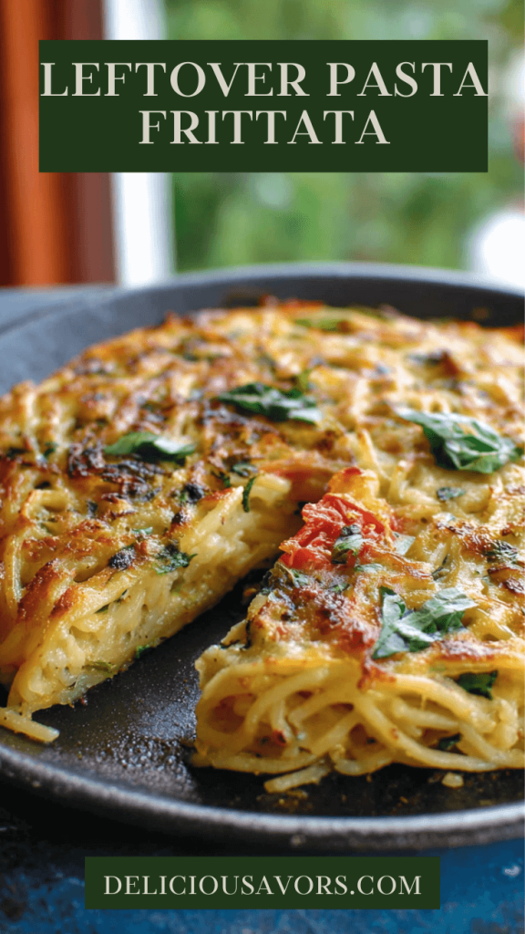 Overhead view of golden spaghetti frittata cut into wedges on wooden board with fresh basil and Parmesan garnish
