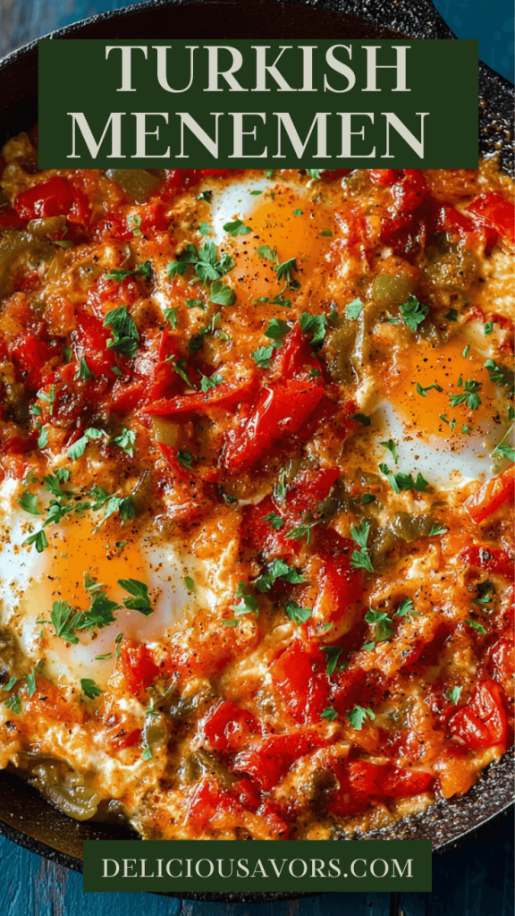 Authentic Turkish Menemen with fluffy eggs, tomatoes and peppers in copper pan with crusty bread