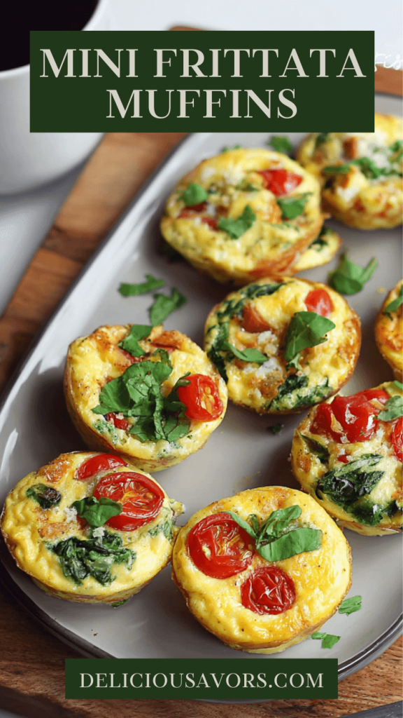 Golden mini frittata muffins with visible kale, cherry tomatoes, and feta cheese arranged on white platter with fresh herbs garnish