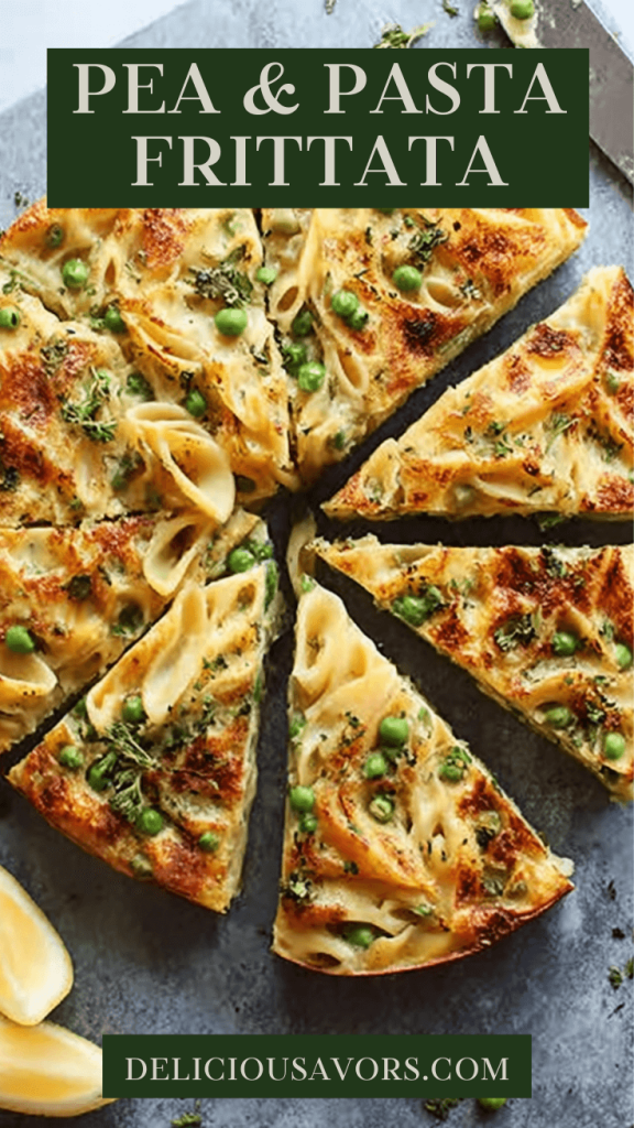 Golden pea and pasta frittata in cast-iron skillet with crispy parmesan crust, showing fluffy interior with green peas and shell pasta, served with fresh mint and green salad