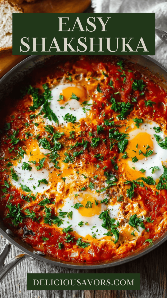 Overhead view of traditional Shakshuka with six poached eggs in spiced tomato sauce served in cast iron skillet, garnished with fresh herbs and crusty bread