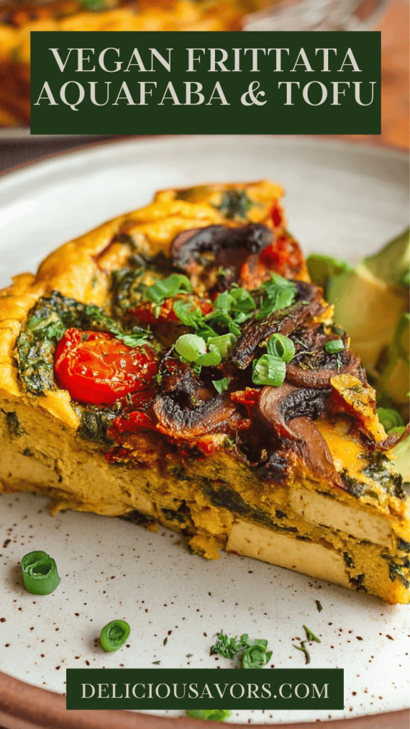 Golden vegan frittata made with aquafaba and tofu in cast iron skillet, topped with caramelized cherry tomatoes, mushrooms, and spinach, showing fluffy egg-free texture