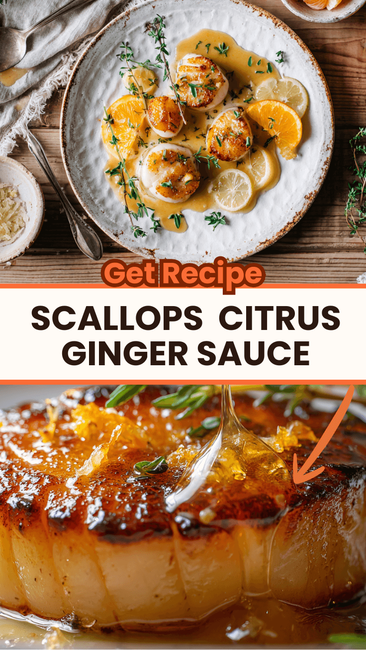 Perfectly seared sea scallops with golden crust on white plate, drizzled with citrus ginger sauce and garnished with fresh thyme