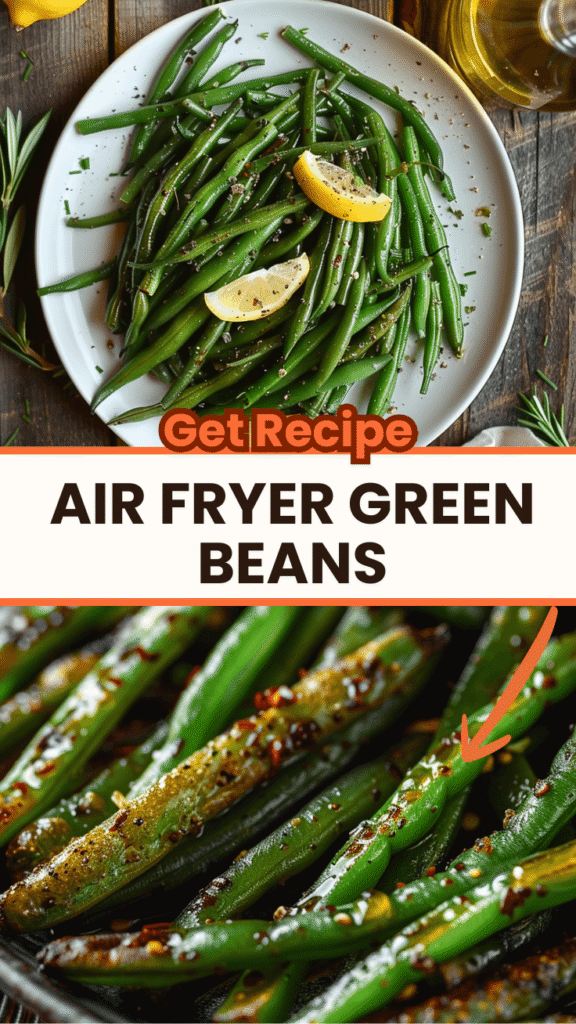 Air fryer green beans with lemon on a white plate, showing caramelized edges and bright green color, Mediterranean diet side dish