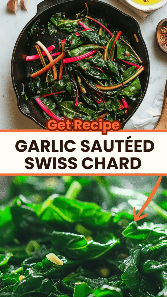 Garlic sautéed Swiss chard with glistening olive oil in a pan, showing tender wilted green leaves and golden minced garlic for a healthy Mediterranean side dish