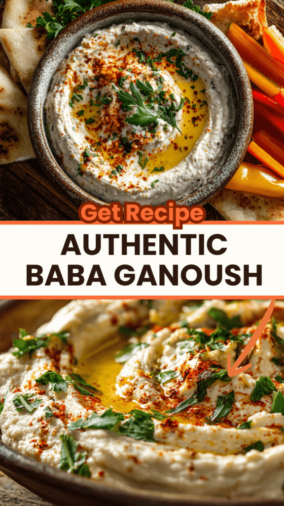 Creamy homemade baba ganoush in a ceramic bowl topped with olive oil, fresh parsley, and paprika, served with pita bread and fresh vegetables
